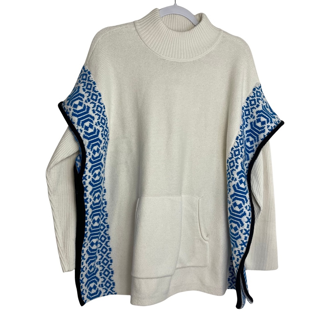 T by Talbots Turtleneck Poncho  Sweater Wintery Geo White Blue Sz Large NWT